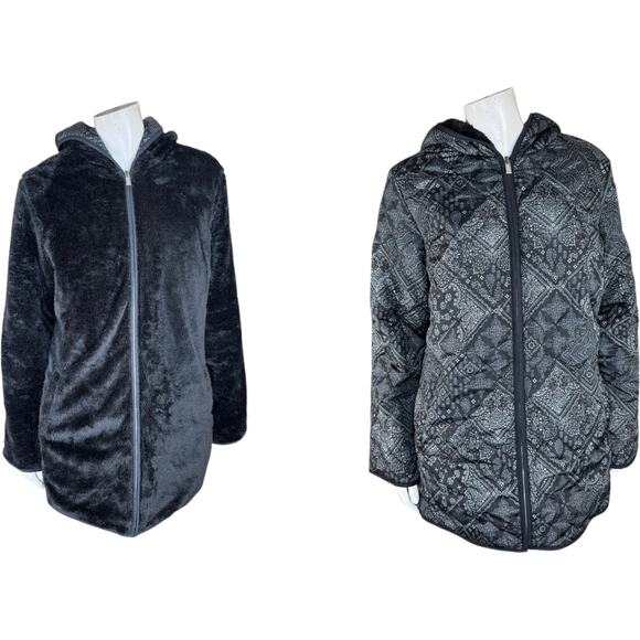 Susan Graver Reversible Quilted Woven & Plush Fleece Jacket Black Patchwork XS - Picture 1 of 12